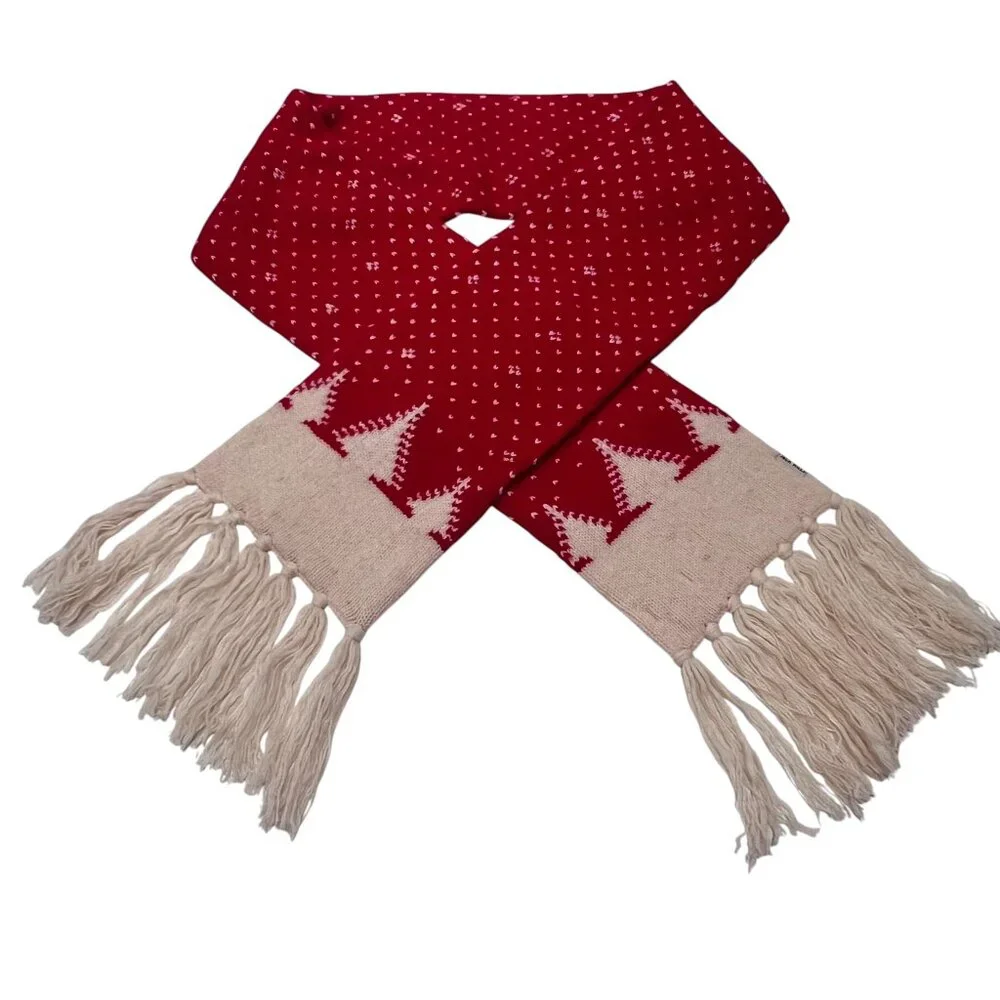 Jack Wills Wool Blend Nordic Tree Scarf, NWOT, Red Cream, OS